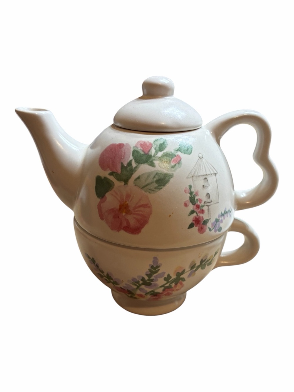 Pfaltzgraff White Ceramic Teapot and Mug with Pink Floral Accents